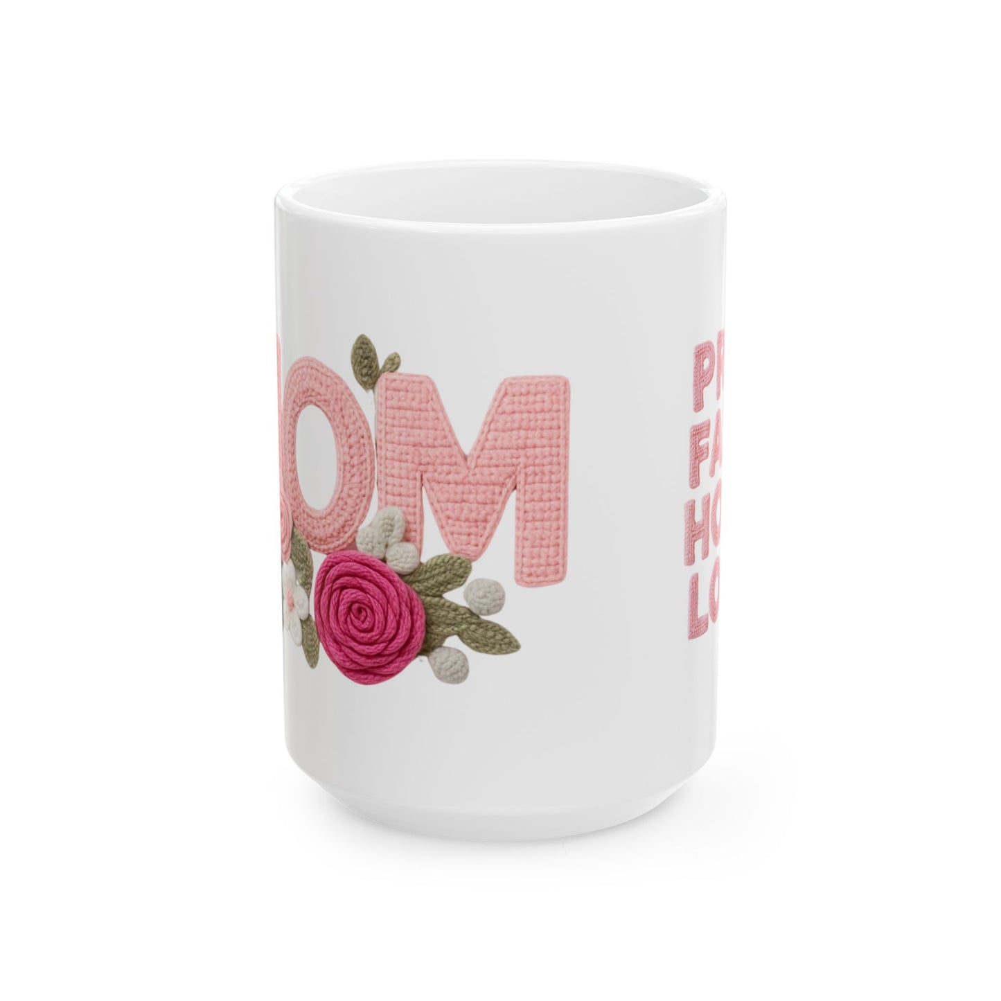 Pink Floral Mom Mug | Cute Embroidered Style Coffee Cup | Aesthetic Cozy Ceramic Mug (11oz & 15oz)