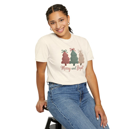 Merry and Bright Knit Trees T-Shirt — Cozy Vintage Holiday Tee