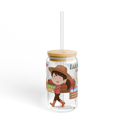 Farmers Market Girl Glass Tumbler – Cute Cartoon Design, 16oz