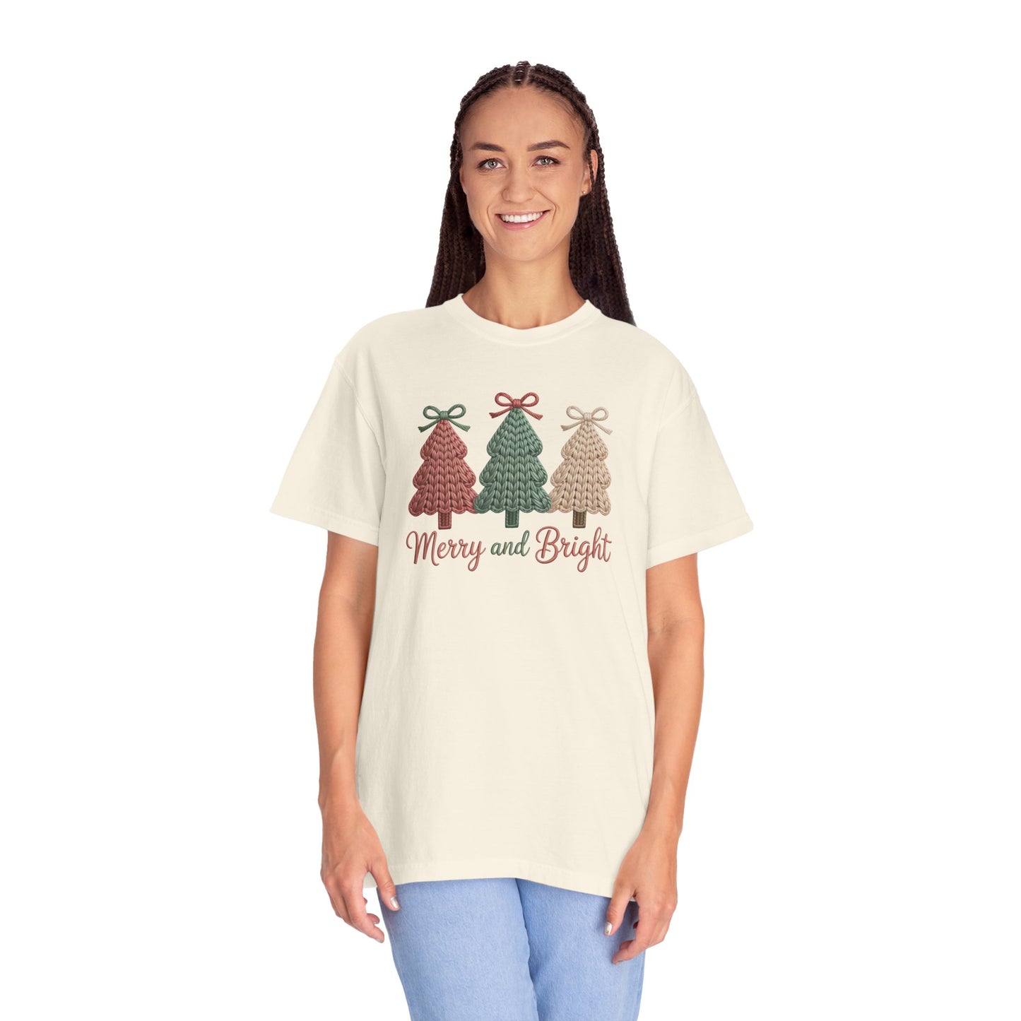 Merry and Bright Knit Trees T-Shirt — Cozy Vintage Holiday Tee