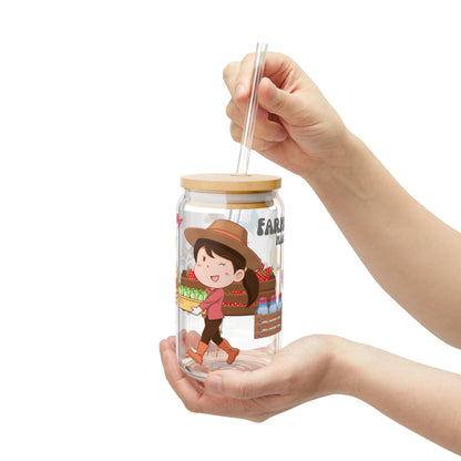 Farmers Market Girl Glass Tumbler – Cute Cartoon Design, 16oz