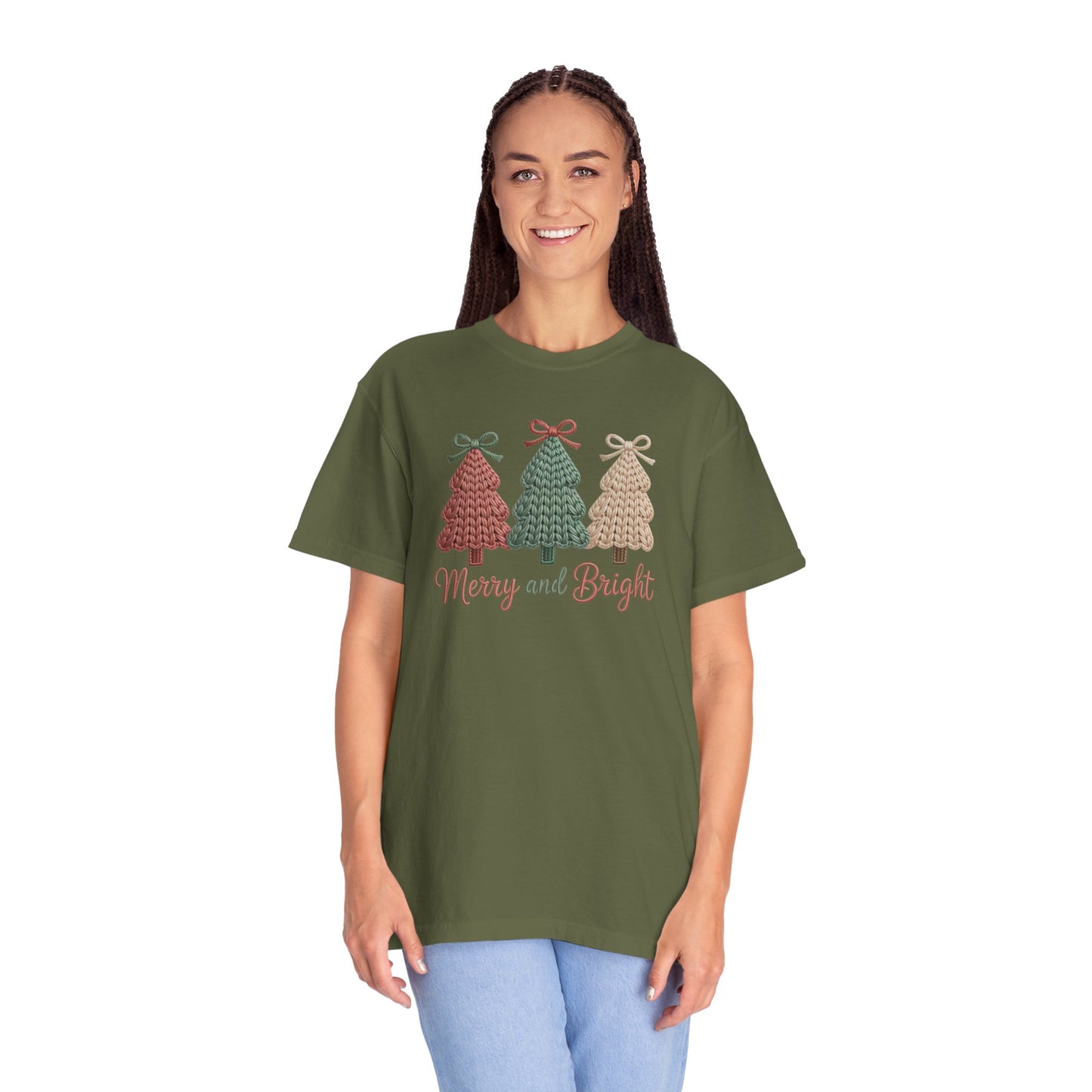 Merry and Bright Knit Trees T-Shirt — Cozy Vintage Holiday Tee