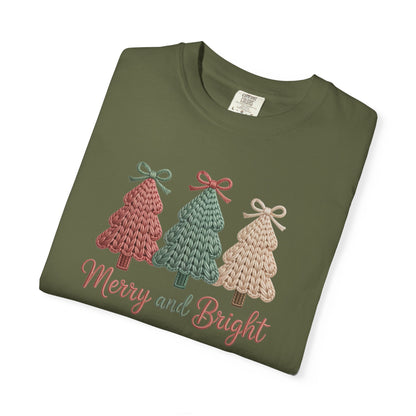 Merry and Bright Knit Trees T-Shirt — Cozy Vintage Holiday Tee