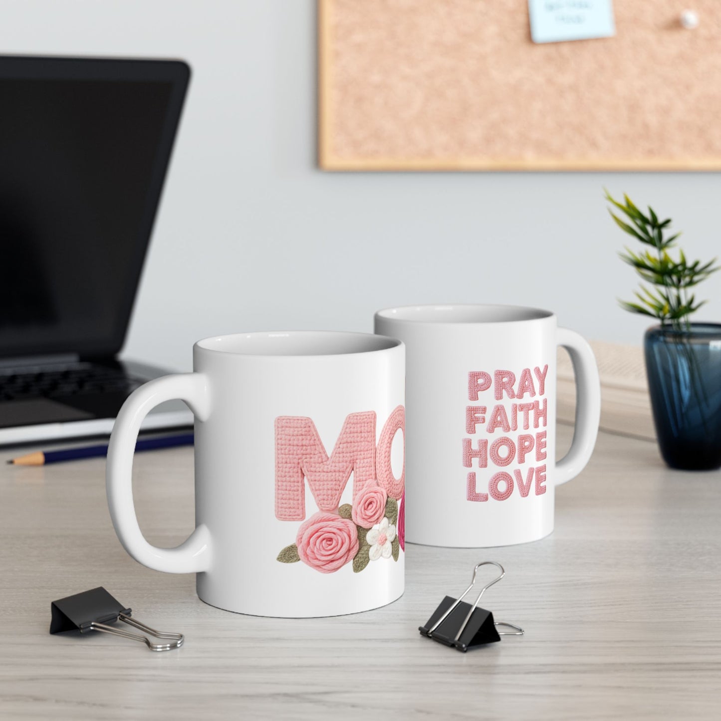 Pink Floral Mom Mug | Cute Embroidered Style Coffee Cup | Aesthetic Cozy Ceramic Mug (11oz & 15oz)