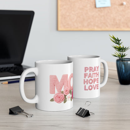 Pink Floral Mom Mug | Cute Embroidered Style Coffee Cup | Aesthetic Cozy Ceramic Mug (11oz & 15oz)