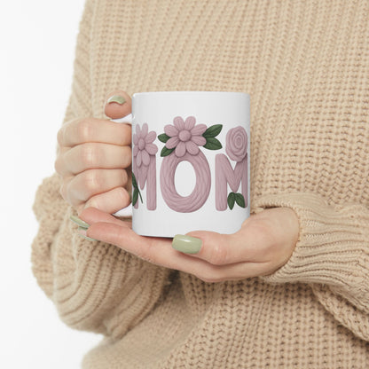 Floral 'Mom' Ceramic Mug — Pink Rose Mother's Day Coffee Cup (11oz )
