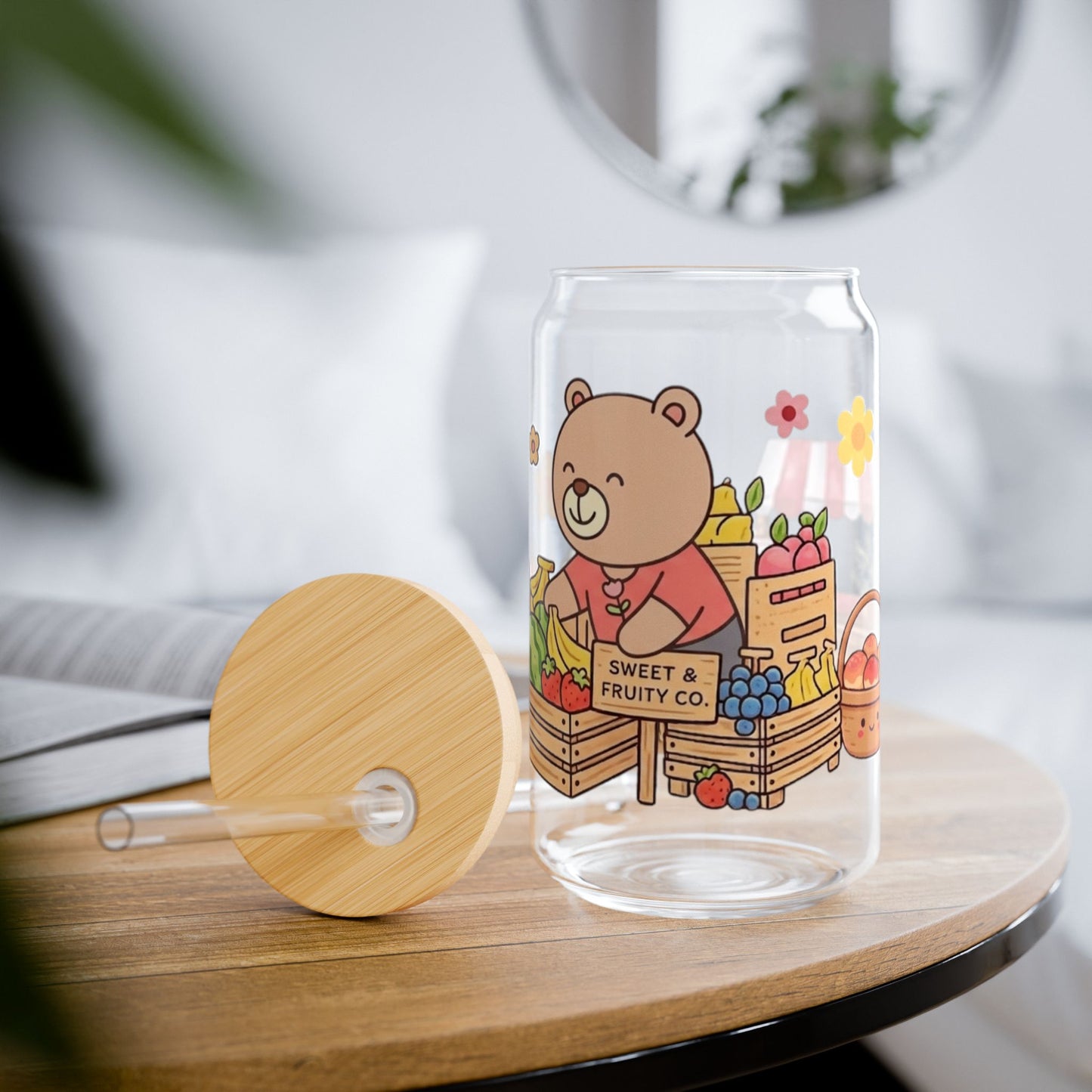 Cute Bear Fruit Market Sipper Glass — 16oz Straw Tumbler