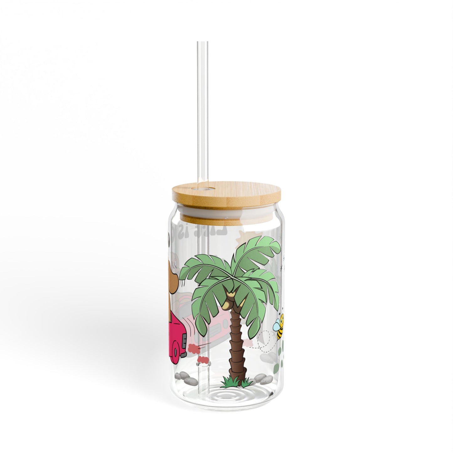 Cute Cartoon Pink Car Sipper Glass, 16oz, Kids Water Bottle, Eco-Friendly Drinkware, Animal Design Cup, Gift for Children