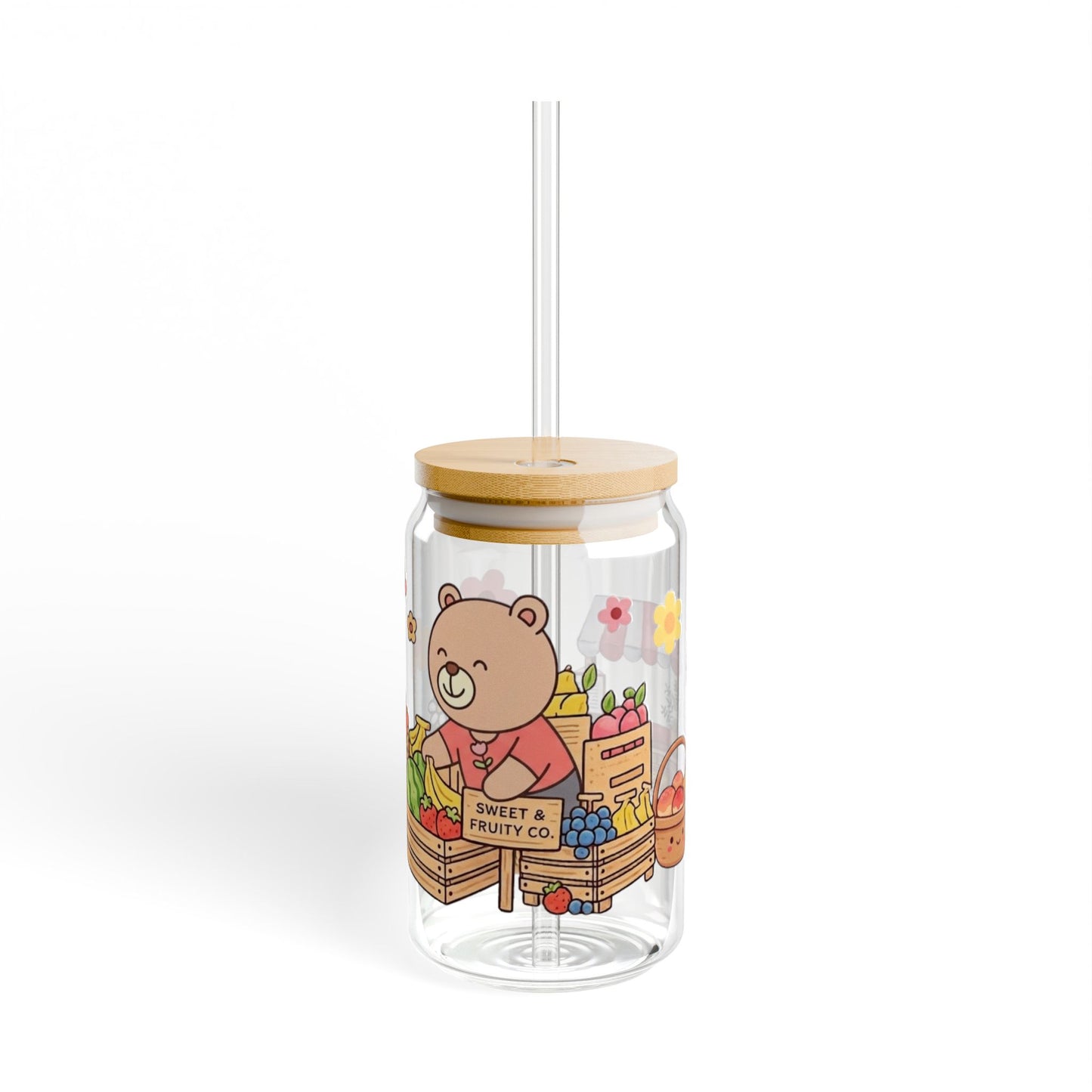 Cute Bear Fruit Market Sipper Glass — 16oz Straw Tumbler