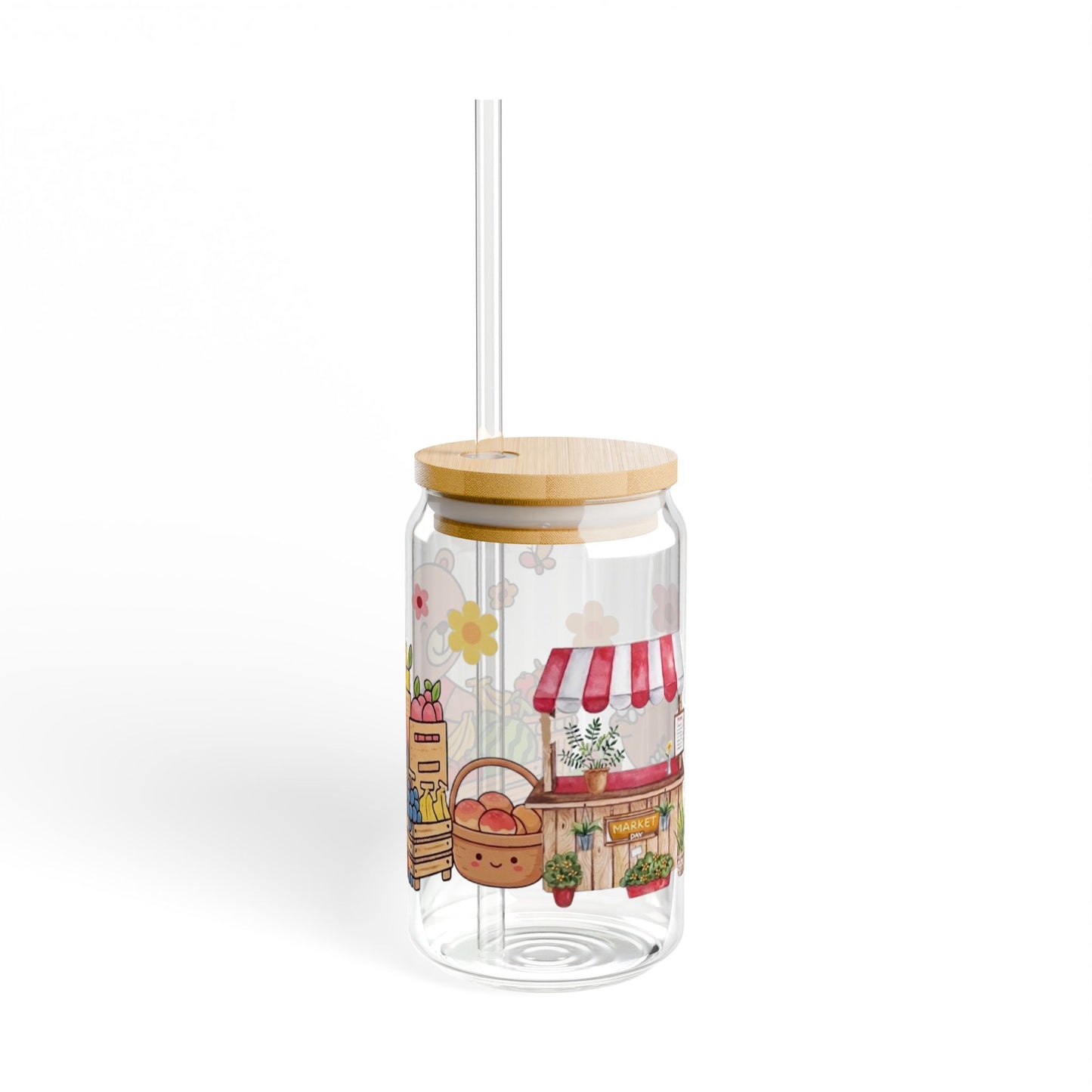 Cute Bear Fruit Market Sipper Glass — 16oz Straw Tumbler