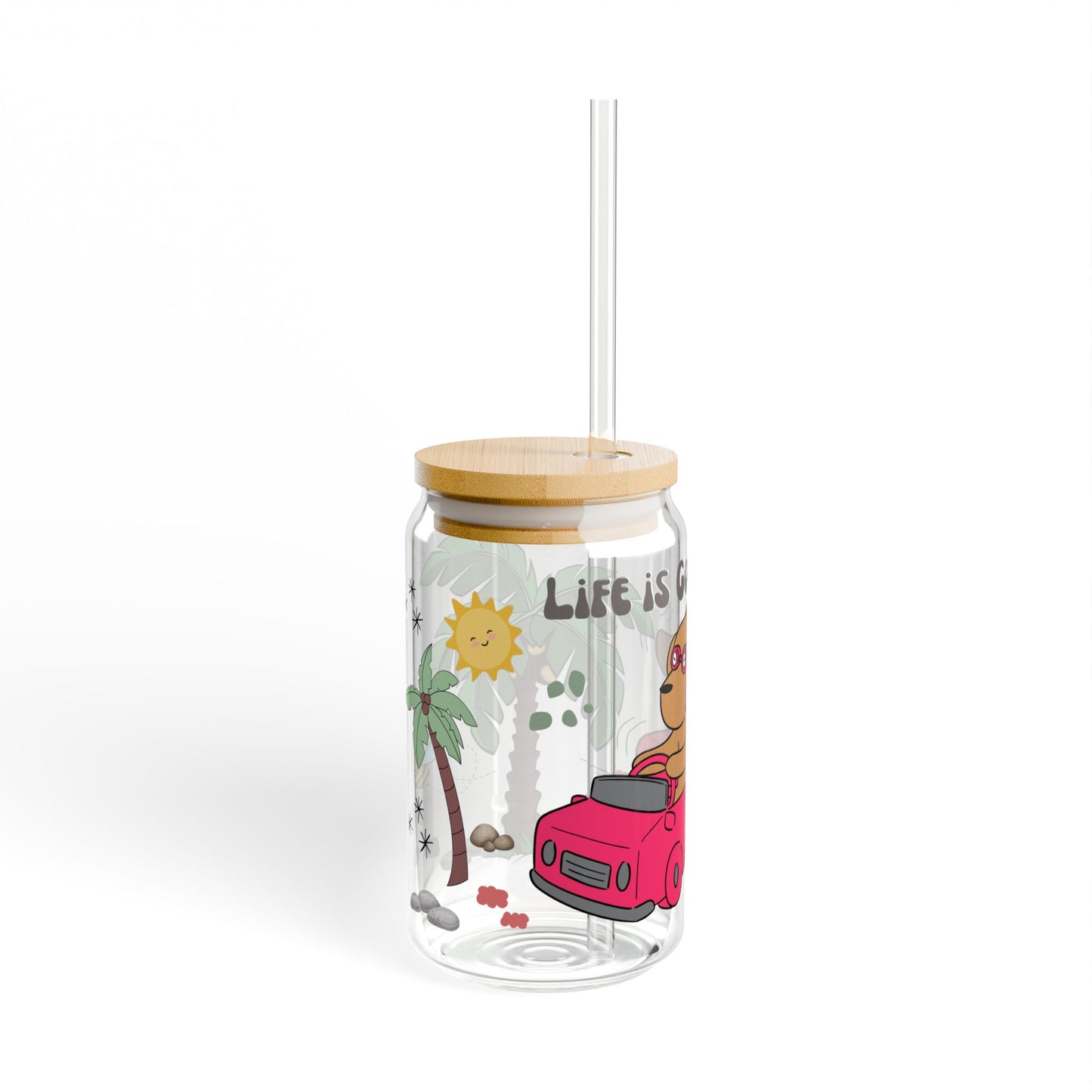 Cute Cartoon Pink Car Sipper Glass, 16oz, Kids Water Bottle, Eco-Friendly Drinkware, Animal Design Cup, Gift for Children