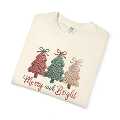 Merry and Bright Knit Trees T-Shirt — Cozy Vintage Holiday Tee