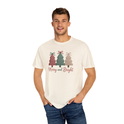 Merry and Bright Knit Trees T-Shirt — Cozy Vintage Holiday Tee