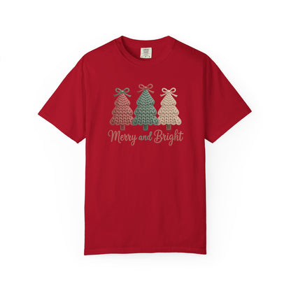 Merry and Bright Knit Trees T-Shirt — Cozy Vintage Holiday Tee