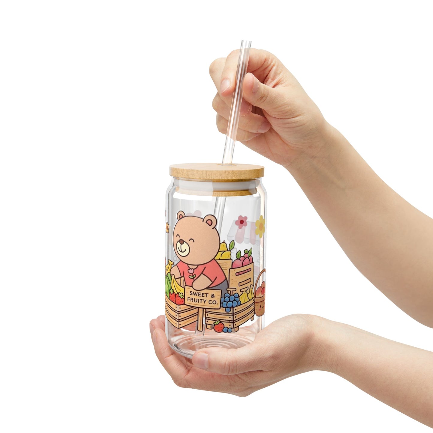 Cute Bear Fruit Market Sipper Glass — 16oz Straw Tumbler