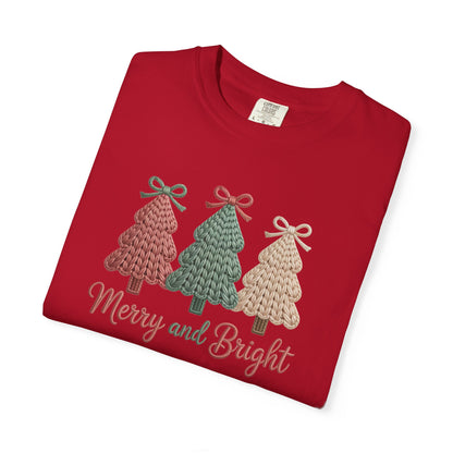 Merry and Bright Knit Trees T-Shirt — Cozy Vintage Holiday Tee