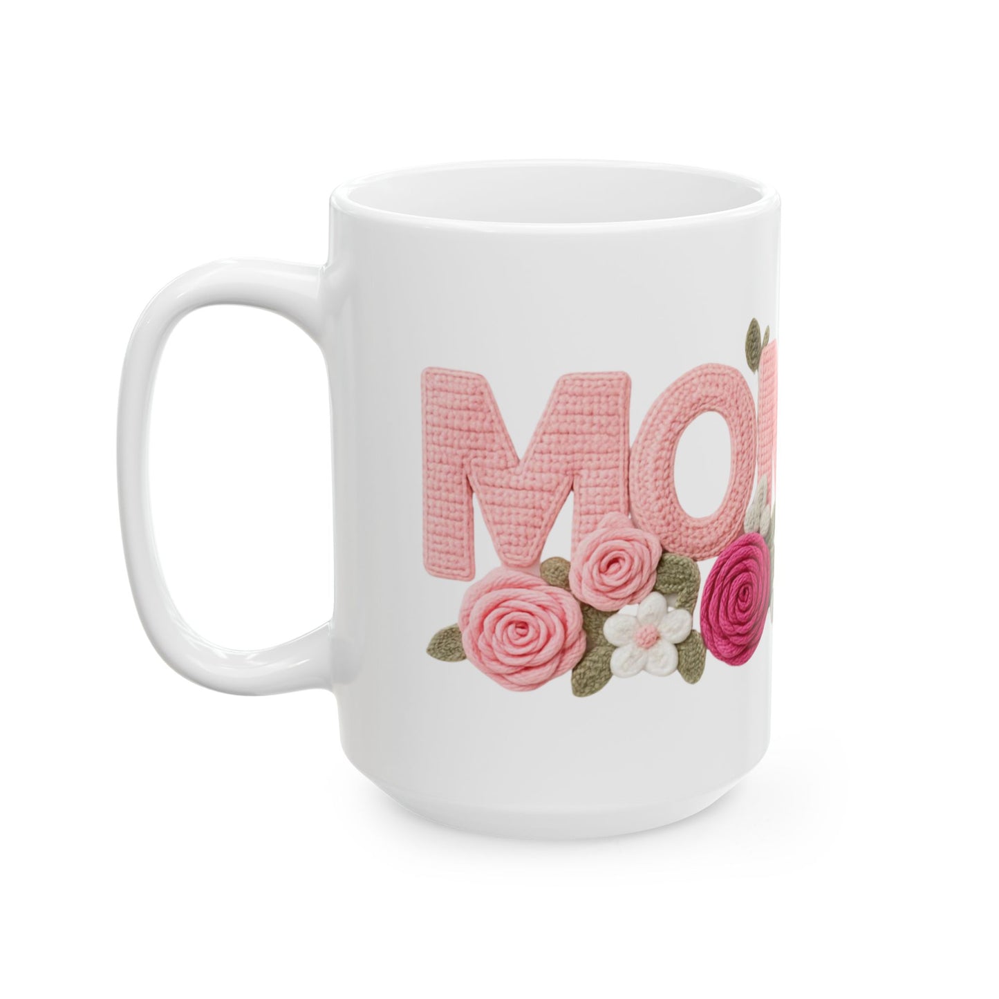 Pink Floral Mom Mug | Cute Embroidered Style Coffee Cup | Aesthetic Cozy Ceramic Mug (11oz & 15oz)