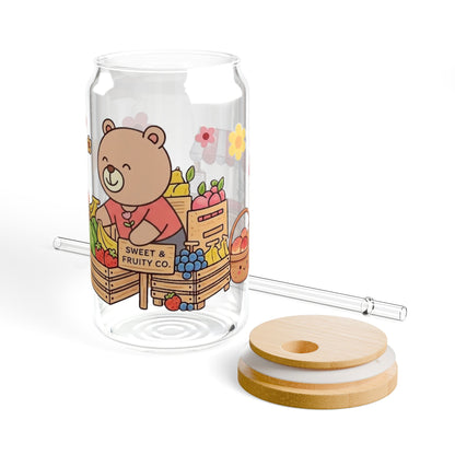Cute Bear Fruit Market Sipper Glass — 16oz Straw Tumbler