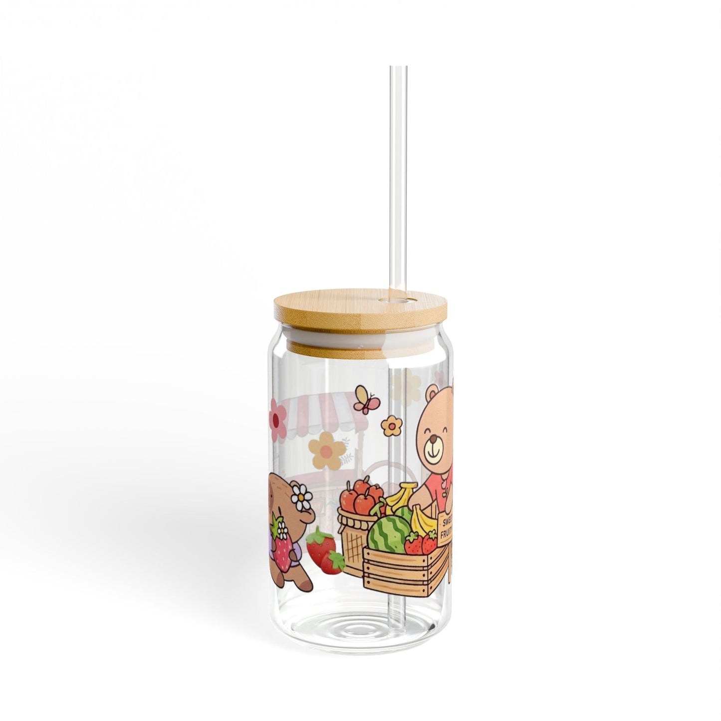 Cute Bear Fruit Market Sipper Glass — 16oz Straw Tumbler