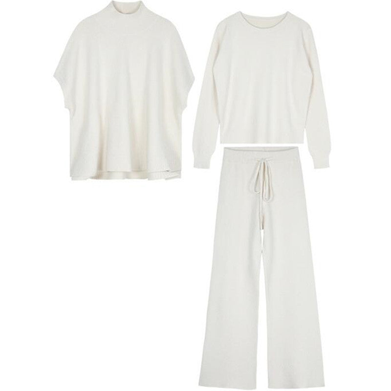 Knitted Wide-Leg Trousers & Half-High Collar Sweater Top with Vest – Stylish Three-Piece Set
