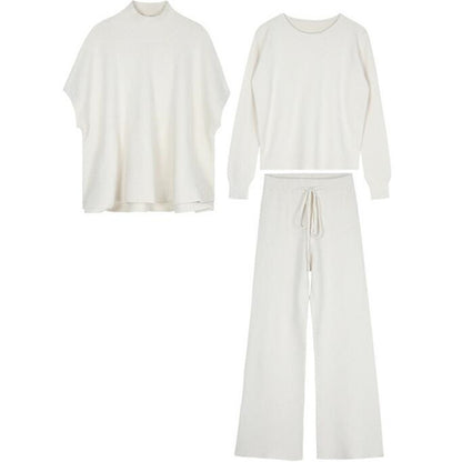 Knitted Wide-Leg Trousers & Half-High Collar Sweater Top with Vest – Stylish Three-Piece Set