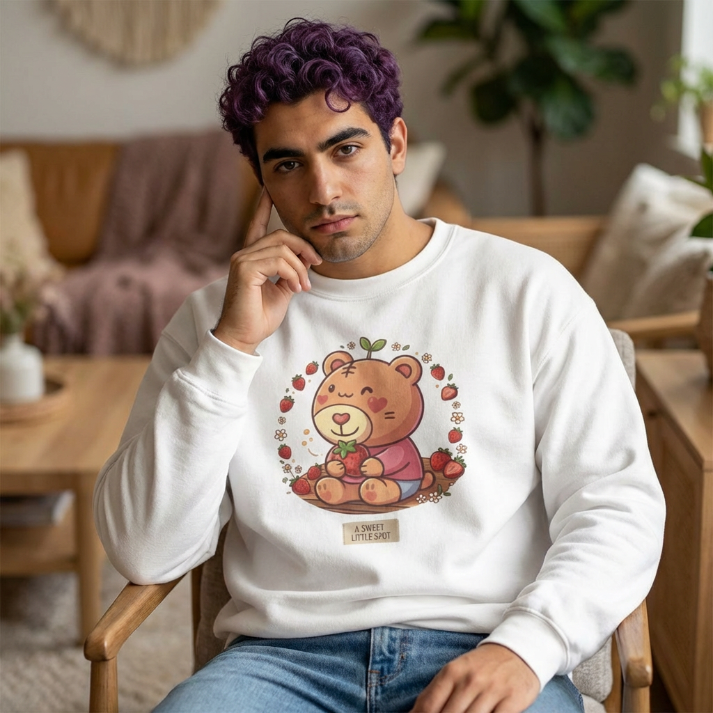 Cute Bear with Apple Crewneck Sweatshirt — "A Sweet Little Snack" Graphic