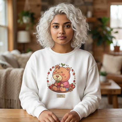 Cute Bear with Apple Crewneck Sweatshirt — "A Sweet Little Snack" Graphic