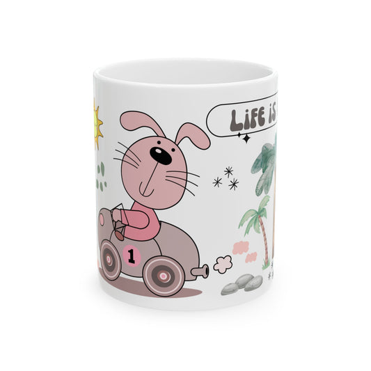 Cute Bunny Racing Ceramic Mug — "Life Is a Ride" 11oz/15oz