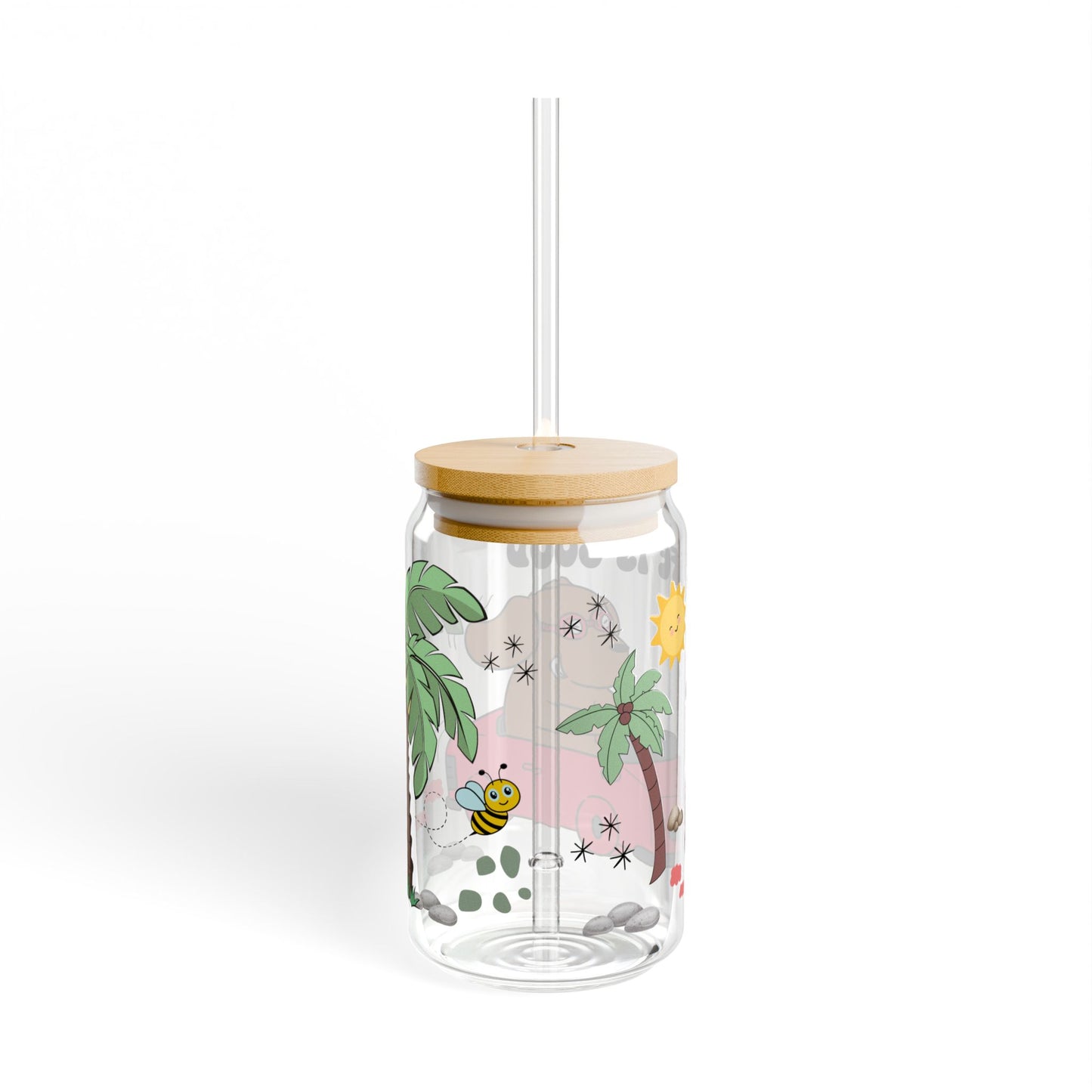 Cute Cartoon Pink Car Sipper Glass, 16oz, Kids Water Bottle, Eco-Friendly Drinkware, Animal Design Cup, Gift for Children