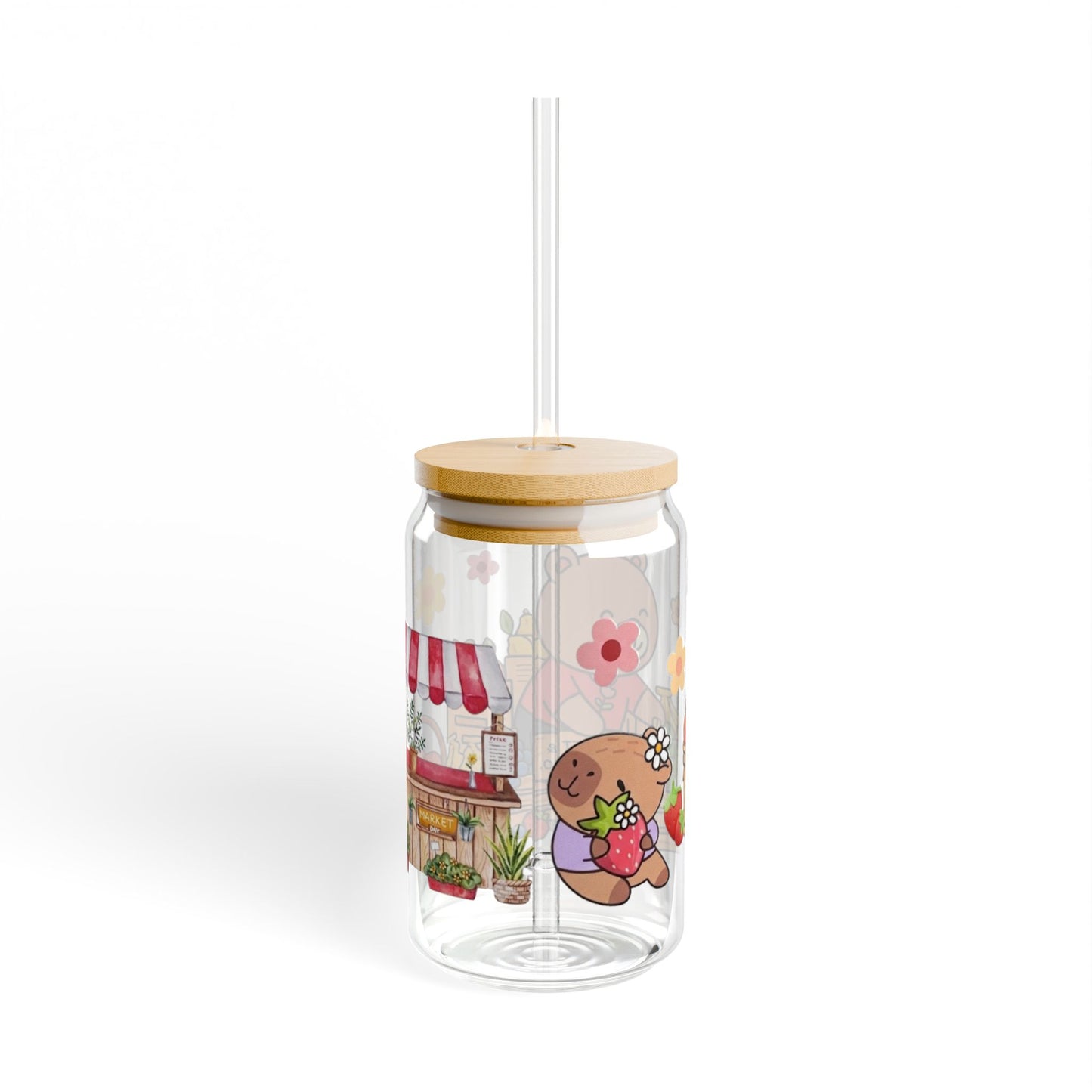 Cute Bear Fruit Market Sipper Glass — 16oz Straw Tumbler