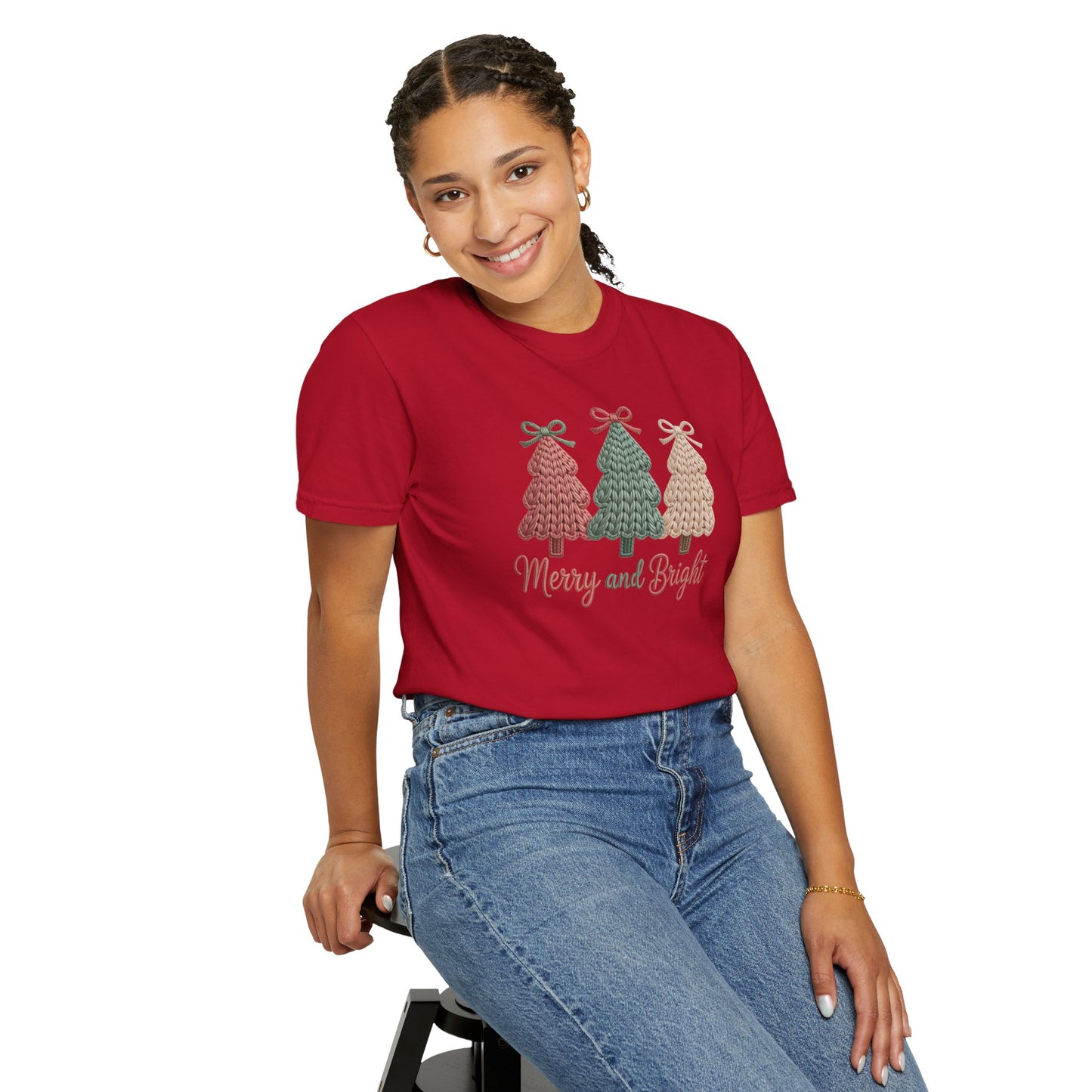 Merry and Bright Knit Trees T-Shirt — Cozy Vintage Holiday Tee