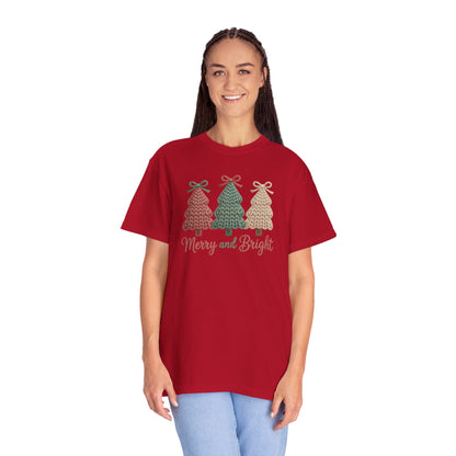 Merry and Bright Knit Trees T-Shirt — Cozy Vintage Holiday Tee
