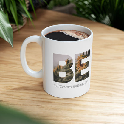 Inspire Mug - 'Be Yourself' Floral Photo Ceramic Coffee Cup (11oz/15oz)