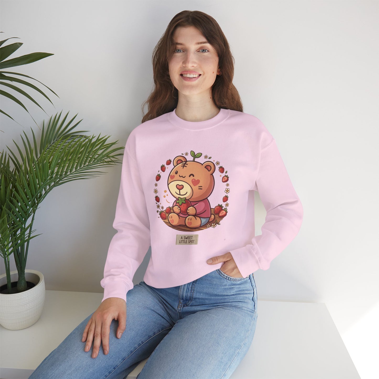 Cute Bear with Apple Crewneck Sweatshirt — "A Sweet Little Snack" Graphic