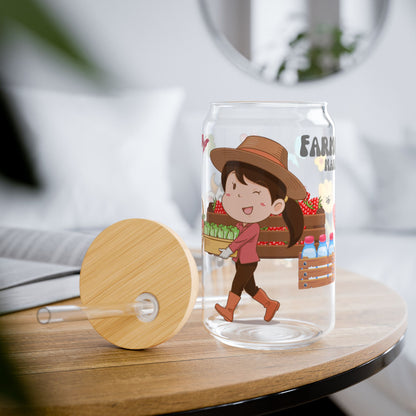 Farmers Market Girl Glass Tumbler – Cute Cartoon Design, 16oz