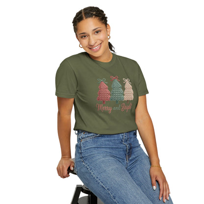 Merry and Bright Knit Trees T-Shirt — Cozy Vintage Holiday Tee