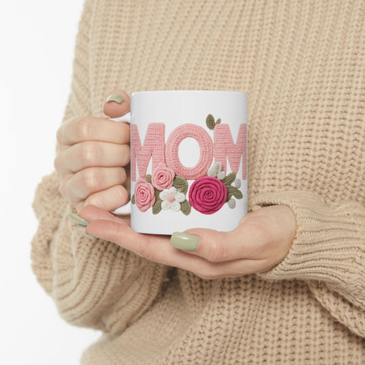 Pink Floral Mom Mug | Cute Embroidered Style Coffee Cup | Aesthetic Cozy Ceramic Mug (11oz & 15oz)