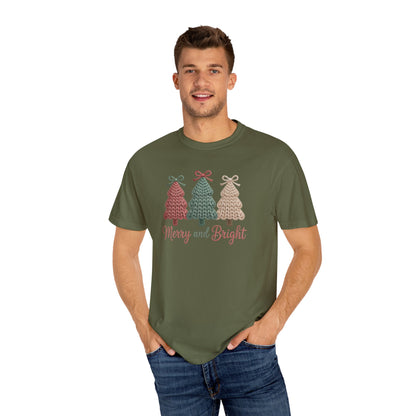 Merry and Bright Knit Trees T-Shirt — Cozy Vintage Holiday Tee