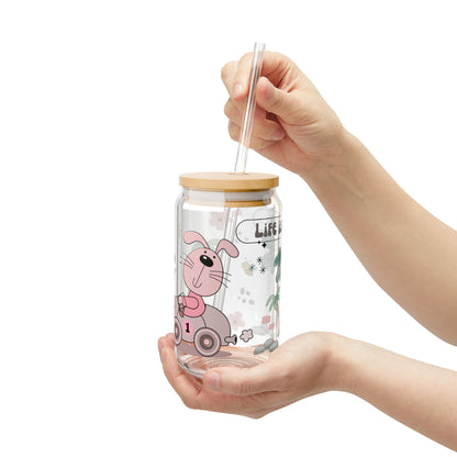 Cute Cartoon Sipper Glass – 16oz Kids Cup with Lid & Straw