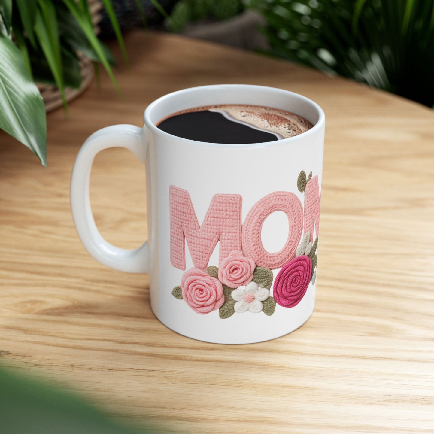 Pink Floral Mom Mug | Cute Embroidered Style Coffee Cup | Aesthetic Cozy Ceramic Mug (11oz & 15oz)