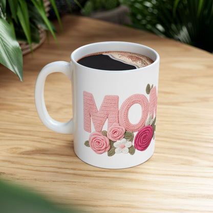 Pink Floral Mom Mug | Cute Embroidered Style Coffee Cup | Aesthetic Cozy Ceramic Mug (11oz & 15oz)