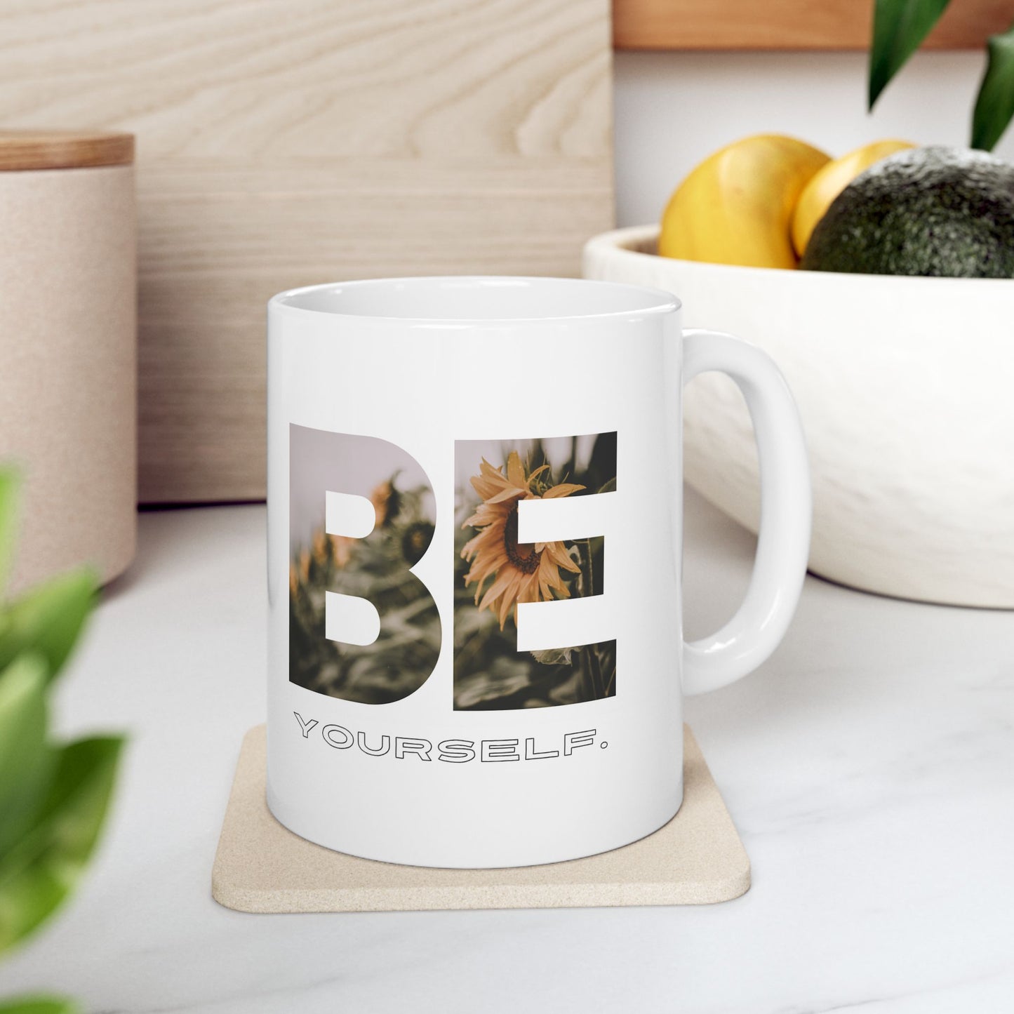 Inspire Mug - 'Be Yourself' Floral Photo Ceramic Coffee Cup (11oz/15oz)
