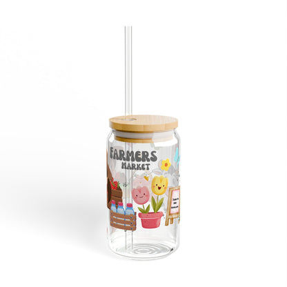 Farmers Market Girl Glass Tumbler – Cute Cartoon Design, 16oz