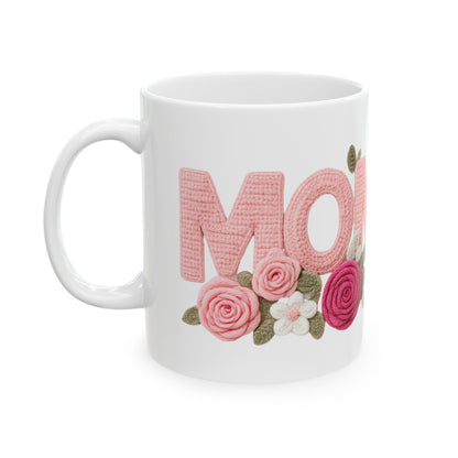 Pink Floral Mom Mug | Cute Embroidered Style Coffee Cup | Aesthetic Cozy Ceramic Mug (11oz & 15oz)