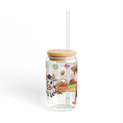 Farmers Market Girl Glass Tumbler – Cute Cartoon Design, 16oz