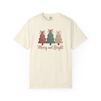 Merry and Bright Knit Trees T-Shirt — Cozy Vintage Holiday Tee