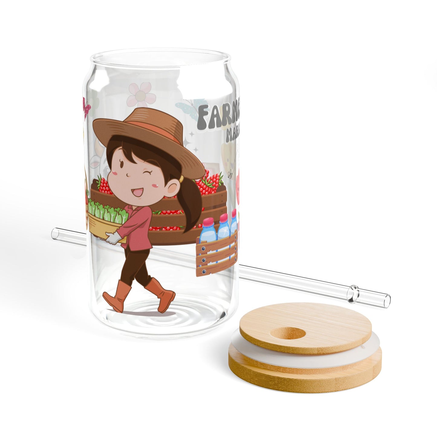 Farmers Market Girl Glass Tumbler – Cute Cartoon Design, 16oz