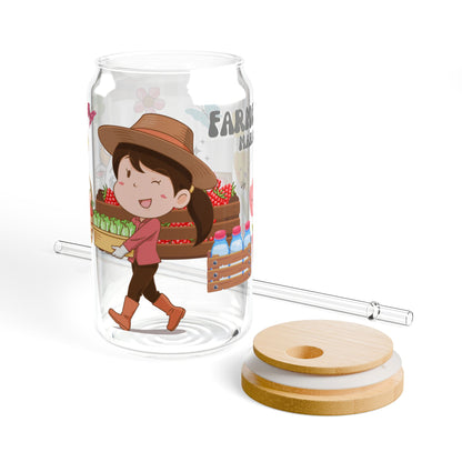 Farmers Market Girl Glass Tumbler – Cute Cartoon Design, 16oz