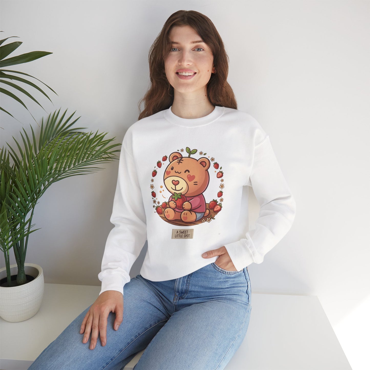 Cute Bear with Apple Crewneck Sweatshirt — "A Sweet Little Snack" Graphic