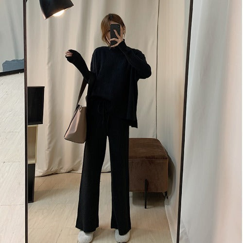 Knitted Wide-Leg Trousers & Half-High Collar Sweater Top with Vest – Stylish Three-Piece Set